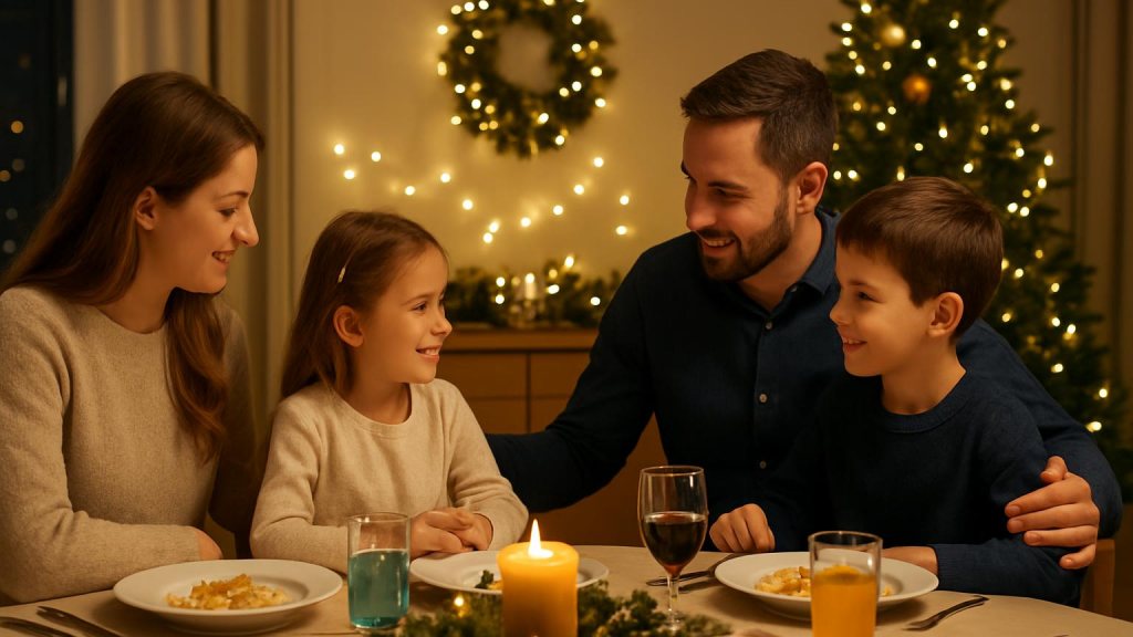 Famiglia con bambini in ambiente accogliente per Capodanno