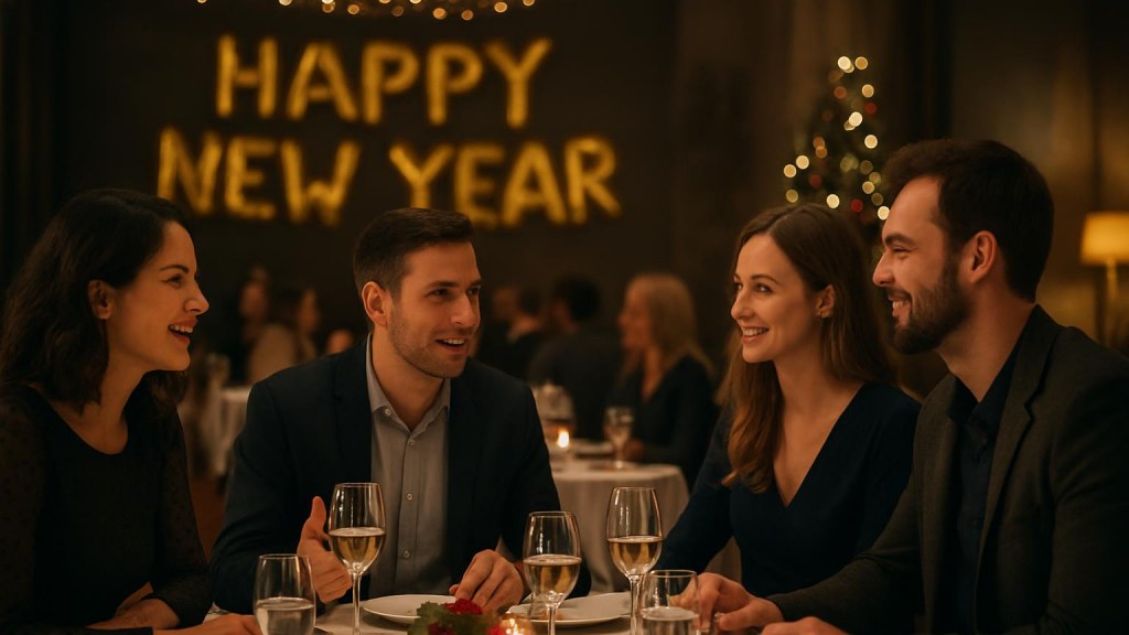 Gruppo di adulti in contesto conviviale per Capodanno